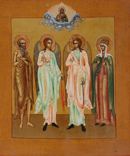 Икона "Блаженный Николай Кочанов, 2 ангела хранителя, Святая великомученица Варвара"