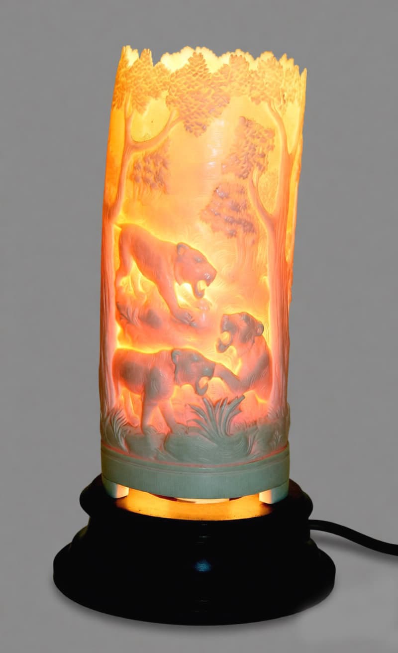  Костяная настольная лампа с изображением тигров и слонов., автор Китай, Осветительные приборы — миниатюра 3