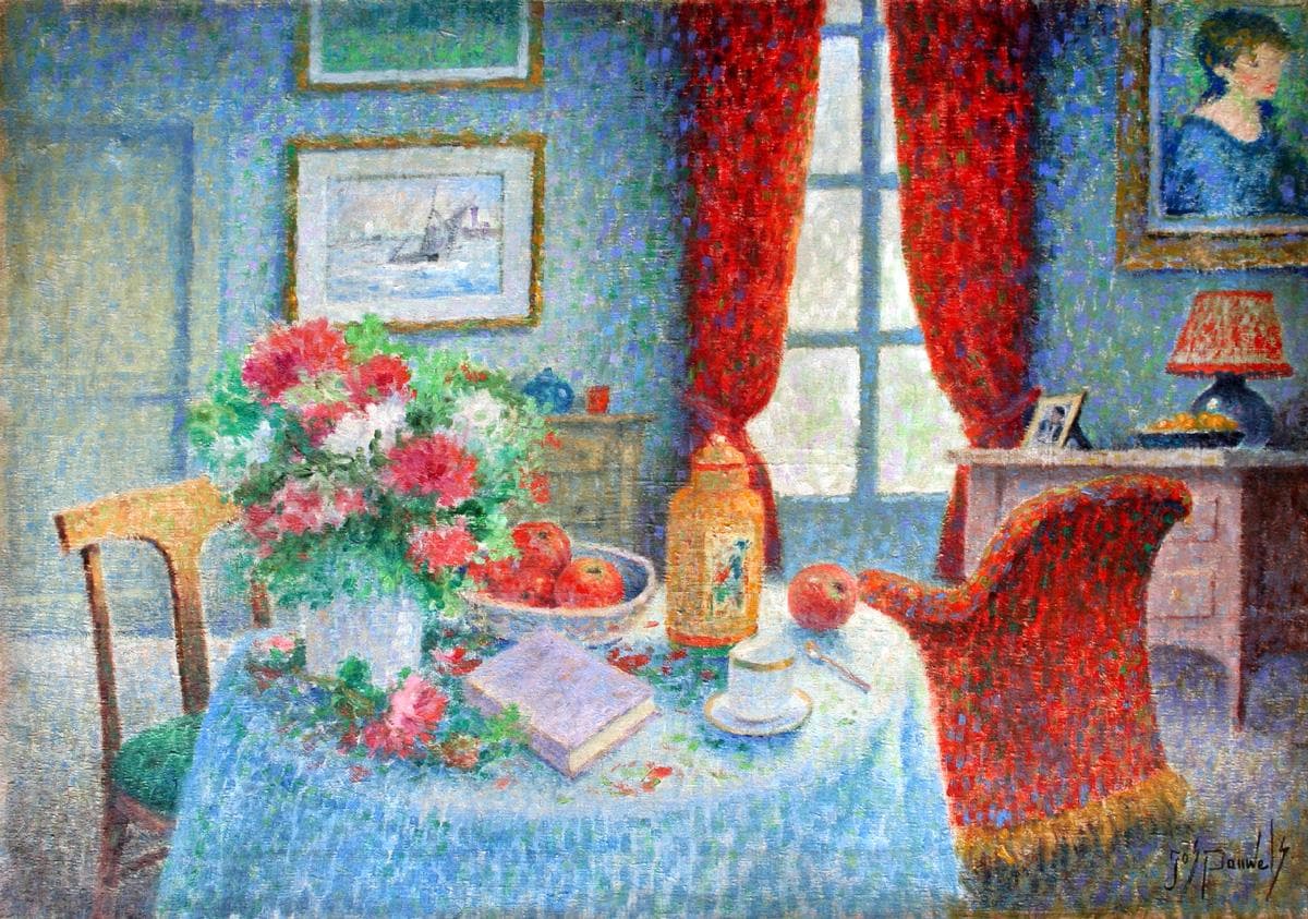 "Интерьер с букетом" - Антикварная живопись