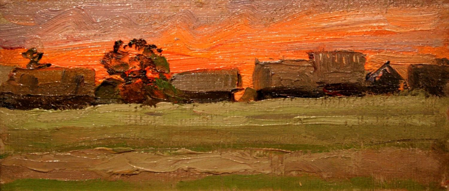 "Дома освещенные закатным солнцем " - Антикварная живопись